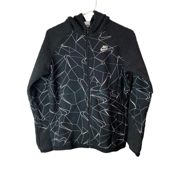 Nike Other - Nike zip hoodie sweatshirt sherpa fleece mixed media black logo print size XL